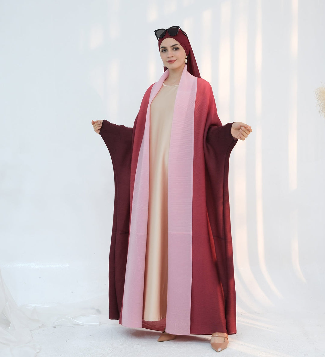 Get trendy with Kenyat Pleated Ombre Kimono Open Abaya - Pink - Cardigan available at Voilee NY. Grab yours for $69.90 today!