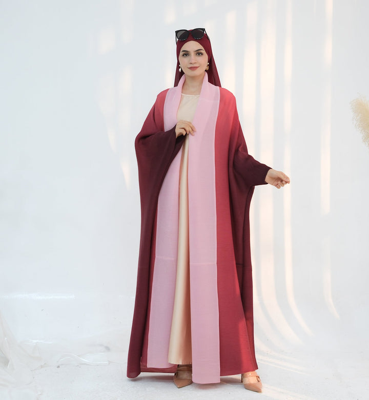 Get trendy with Kenyat Pleated Ombre Kimono Open Abaya - Pink - Cardigan available at Voilee NY. Grab yours for $69.90 today!