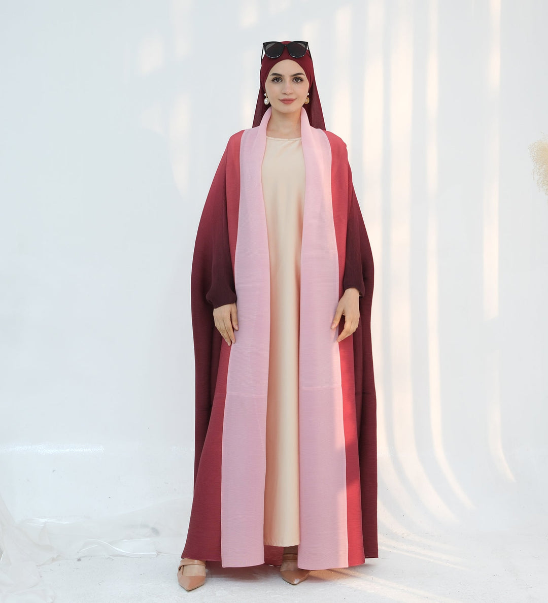 Get trendy with Kenyat Pleated Ombre Kimono Open Abaya - Pink - Cardigan available at Voilee NY. Grab yours for $69.90 today!