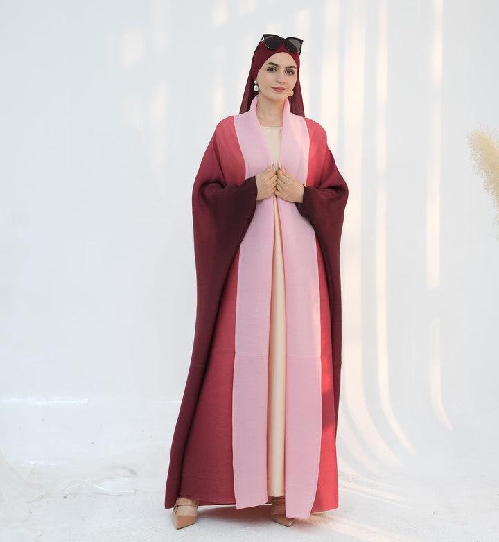 Get trendy with Kenyat Pleated Ombre Kimono Open Abaya - Pink - Cardigan available at Voilee NY. Grab yours for $69.90 today!