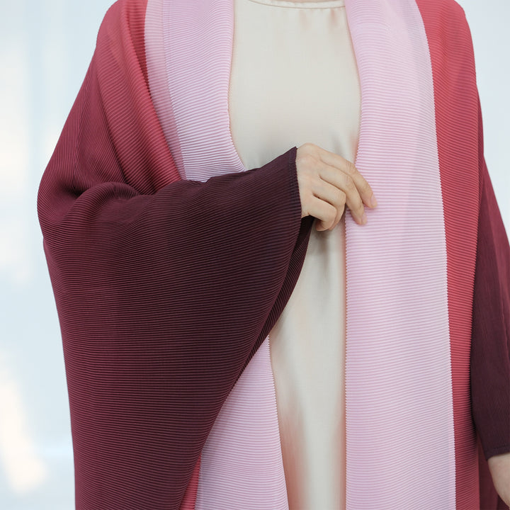 Get trendy with Kenyat Pleated Ombre Kimono Open Abaya - Pink - Cardigan available at Voilee NY. Grab yours for $69.90 today!