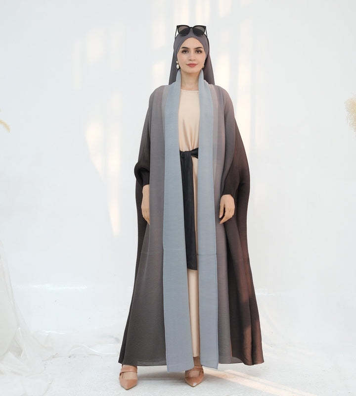 Get trendy with Kenyat Pleated Ombre Kimono Open Abaya - Brown - Cardigan available at Voilee NY. Grab yours for $69.90 today!