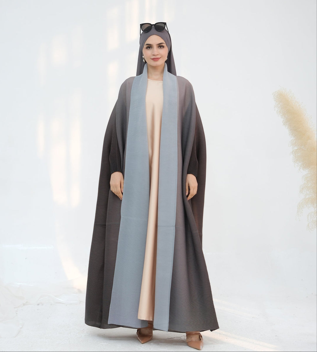 Get trendy with Kenyat Pleated Ombre Kimono Open Abaya - Brown - Cardigan available at Voilee NY. Grab yours for $69.90 today!