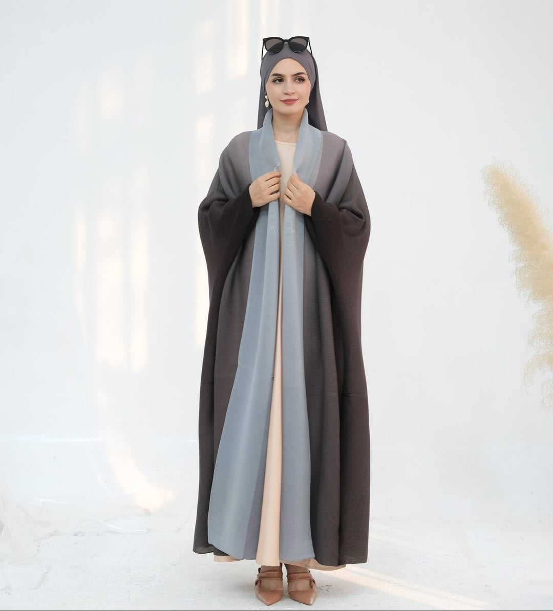 Get trendy with Kenyat Pleated Ombre Kimono Open Abaya - Brown - Cardigan available at Voilee NY. Grab yours for $69.90 today!