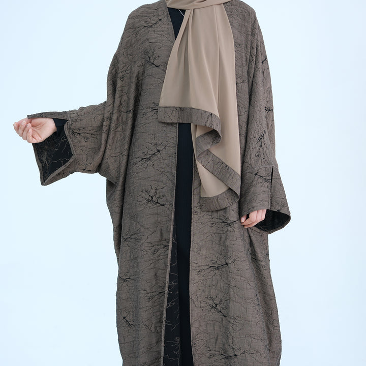 Get trendy with Nixie Textured Reversible Kimono Abaya - Brown Black - Cardigan available at Voilee NY. Grab yours for $74.90 today!