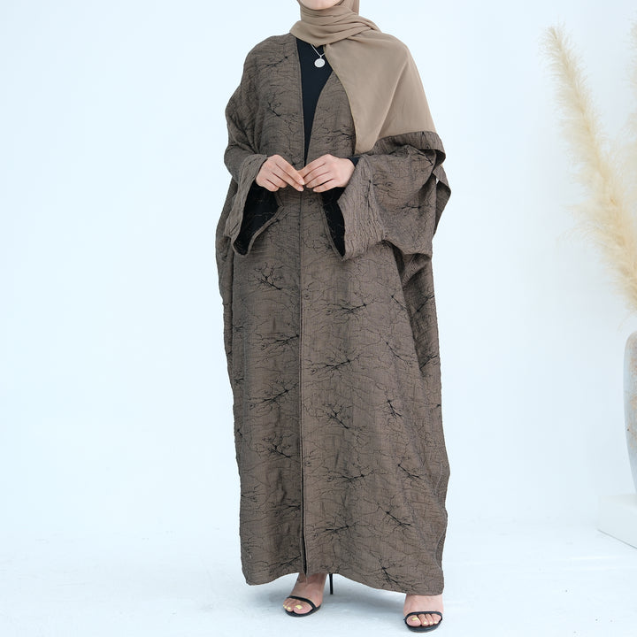 Get trendy with Nixie Textured Reversible Kimono Abaya - Brown Black - Cardigan available at Voilee NY. Grab yours for $74.90 today!