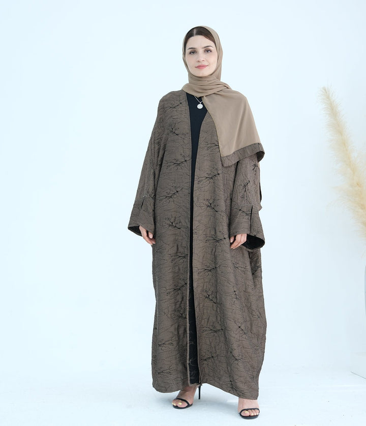 Get trendy with Nixie Textured Reversible Kimono Abaya - Brown Black - Cardigan available at Voilee NY. Grab yours for $74.90 today!