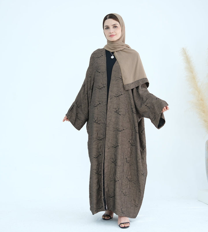 Get trendy with Nixie Textured Reversible Kimono Abaya - Brown Black - Cardigan available at Voilee NY. Grab yours for $74.90 today!