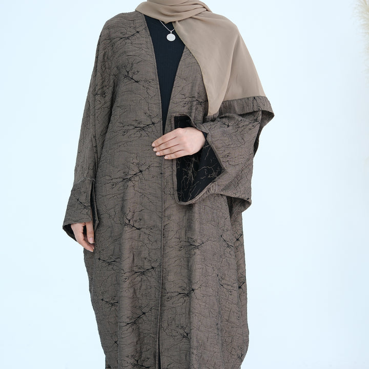 Get trendy with Nixie Textured Reversible Kimono Abaya - Brown Black - Cardigan available at Voilee NY. Grab yours for $74.90 today!