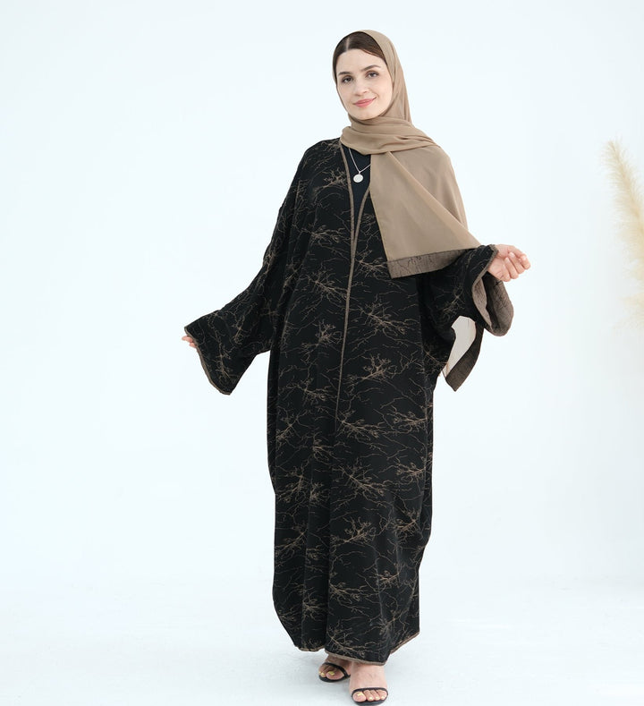 Get trendy with Nixie Textured Reversible Kimono Abaya - Brown Black - Cardigan available at Voilee NY. Grab yours for $74.90 today!