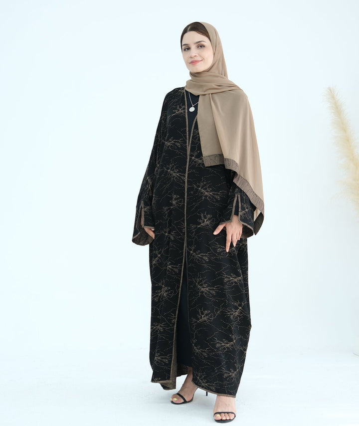 Get trendy with Nixie Textured Reversible Kimono Abaya - Brown Black - Cardigan available at Voilee NY. Grab yours for $74.90 today!