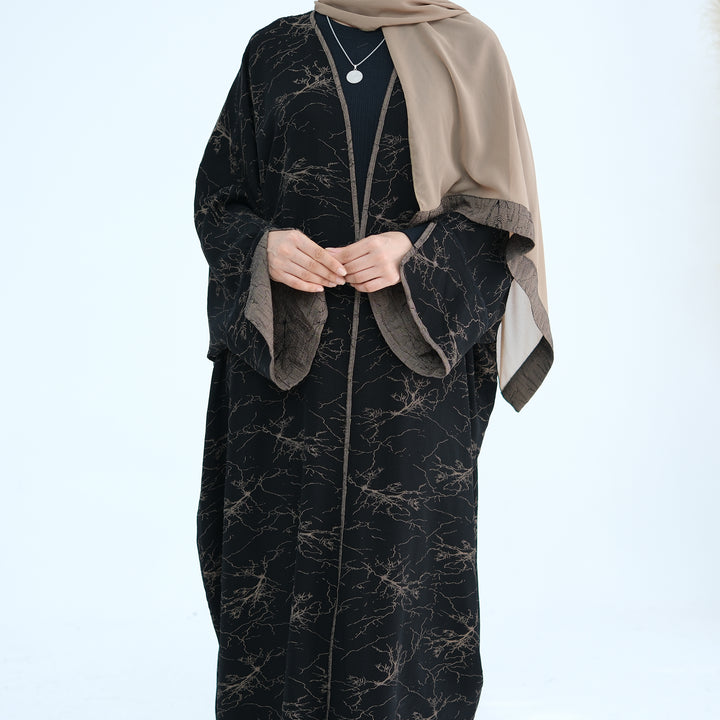 Get trendy with Nixie Textured Reversible Kimono Abaya - Brown Black - Cardigan available at Voilee NY. Grab yours for $74.90 today!