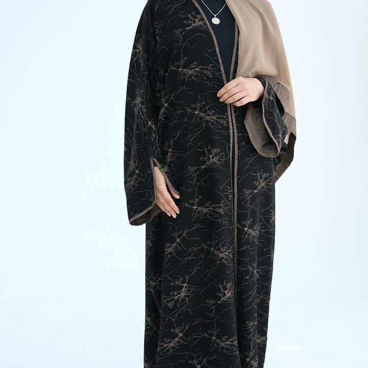 Get trendy with Nixie Textured Reversible Kimono Abaya - Brown Black - Cardigan available at Voilee NY. Grab yours for $74.90 today!