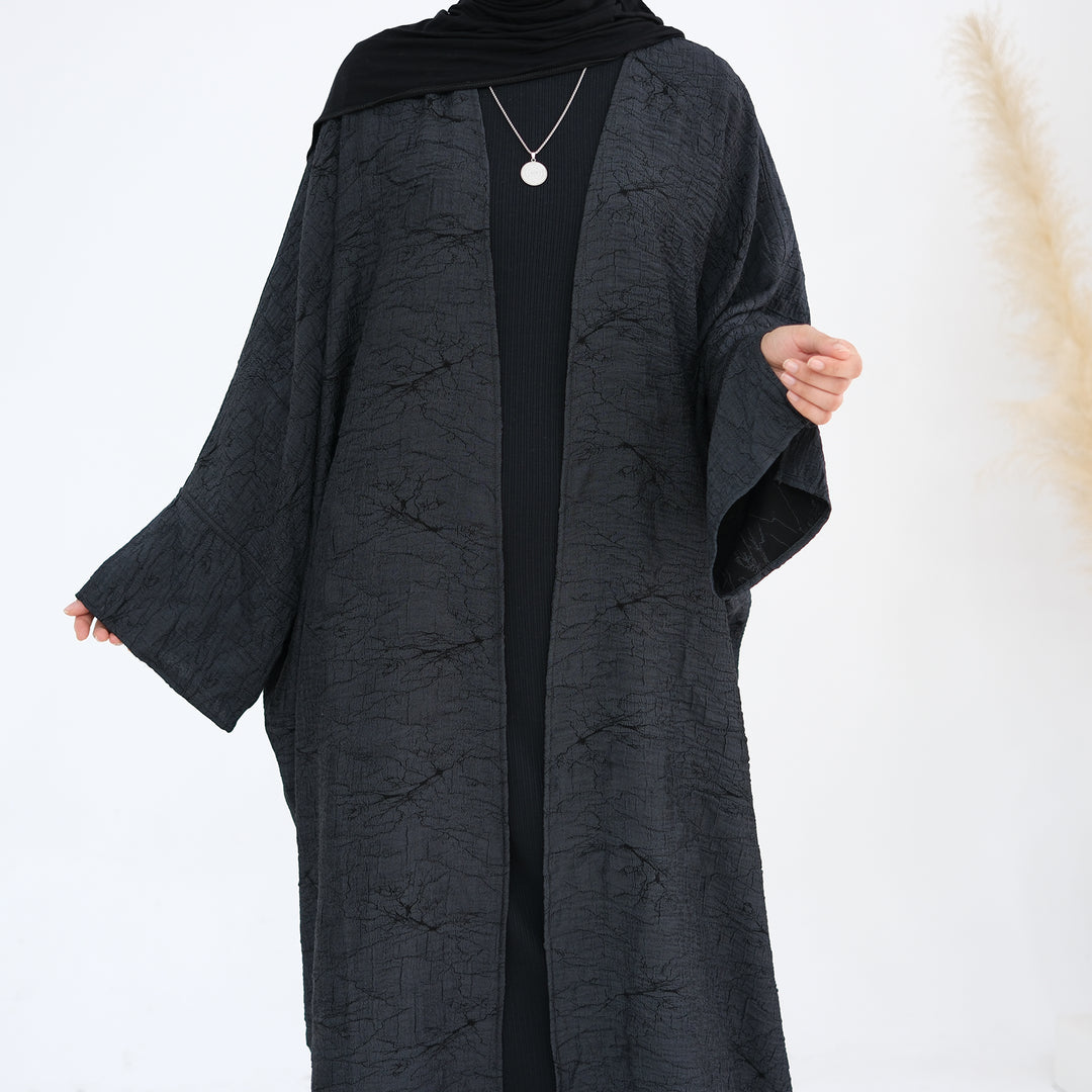 Get trendy with Nixie Textured Reversible Kimono Abaya - Gray Black - Cardigan available at Voilee NY. Grab yours for $74.90 today!