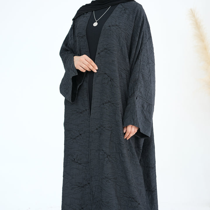 Get trendy with Nixie Textured Reversible Kimono Abaya - Gray Black - Cardigan available at Voilee NY. Grab yours for $74.90 today!