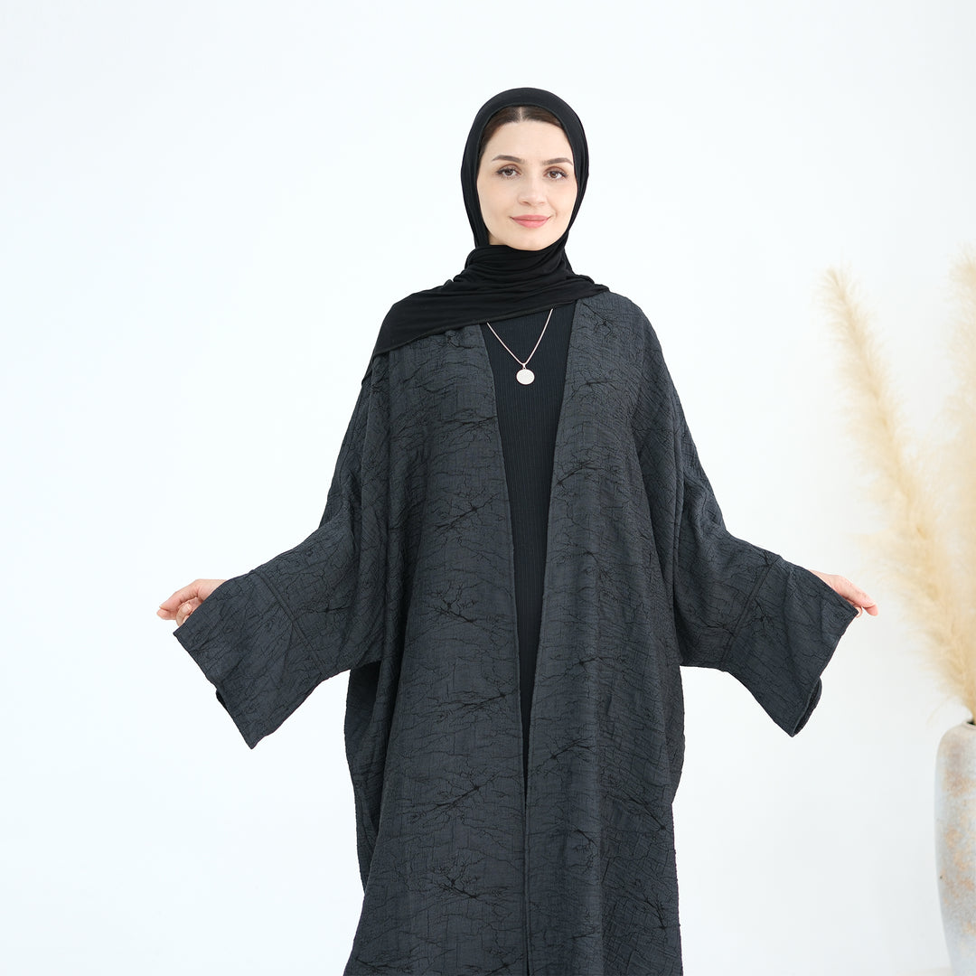 Get trendy with Nixie Textured Reversible Kimono Abaya - Gray Black - Cardigan available at Voilee NY. Grab yours for $74.90 today!