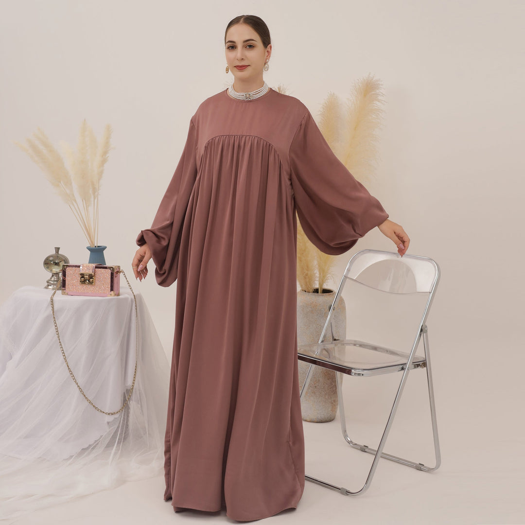 Get trendy with Amelia Satin Abaya Set - Mauve - Dresses available at Voilee NY. Grab yours for $64.99 today!