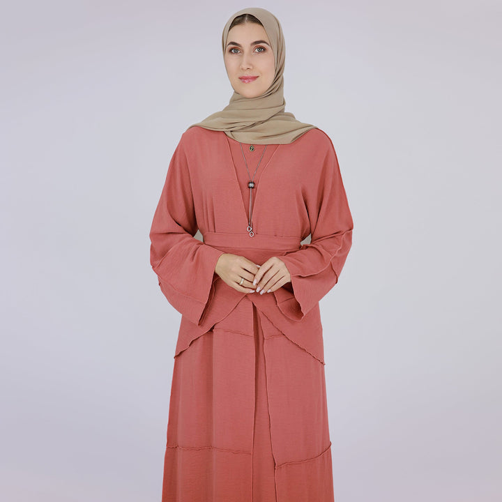 Get trendy with Aliya 3-piece Set Abaya - Coral - Dresses available at Voilee NY. Grab yours for $84.90 today!