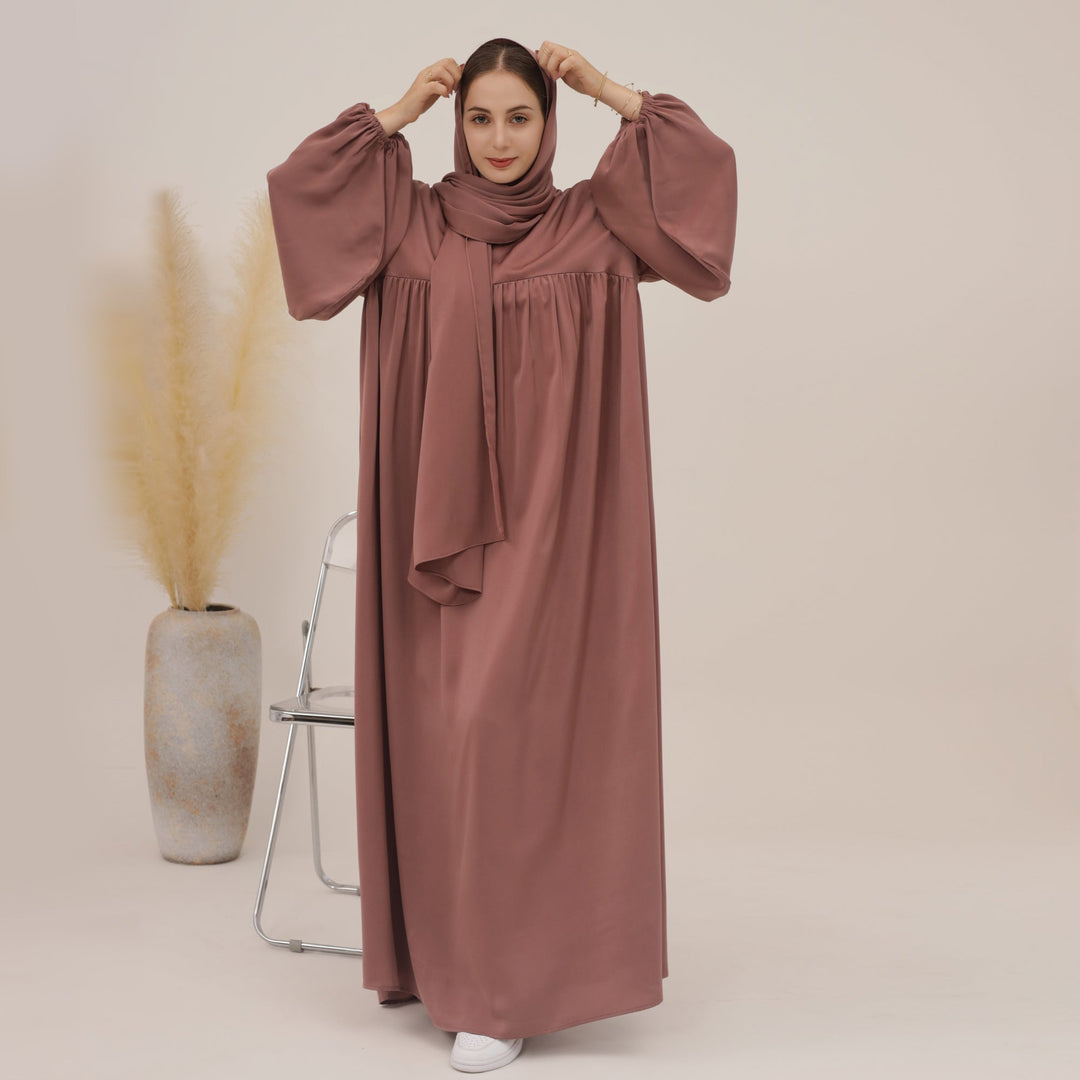 Get trendy with Amelia Satin Abaya Set - Mauve - Dresses available at Voilee NY. Grab yours for $64.99 today!