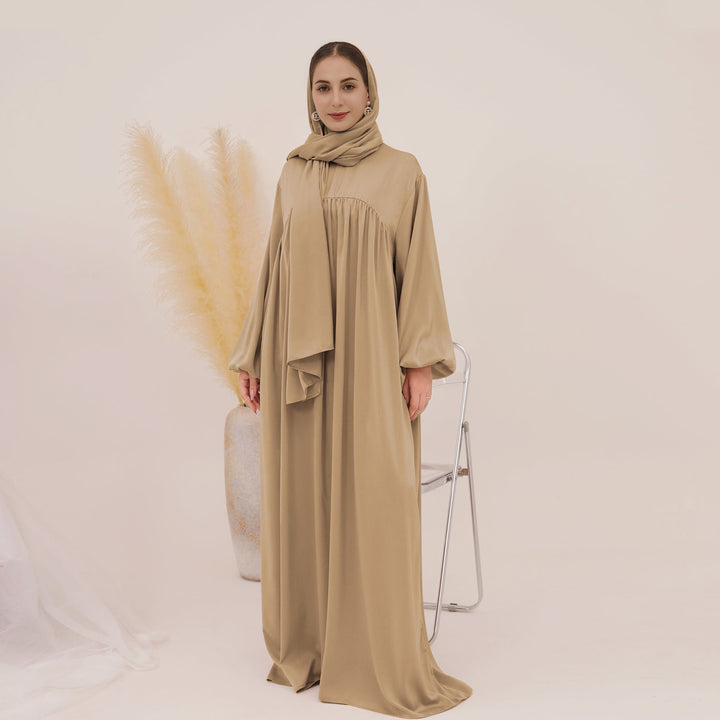 Get trendy with Amelia Satin Abaya Set - Champagne - Dresses available at Voilee NY. Grab yours for $64.99 today!