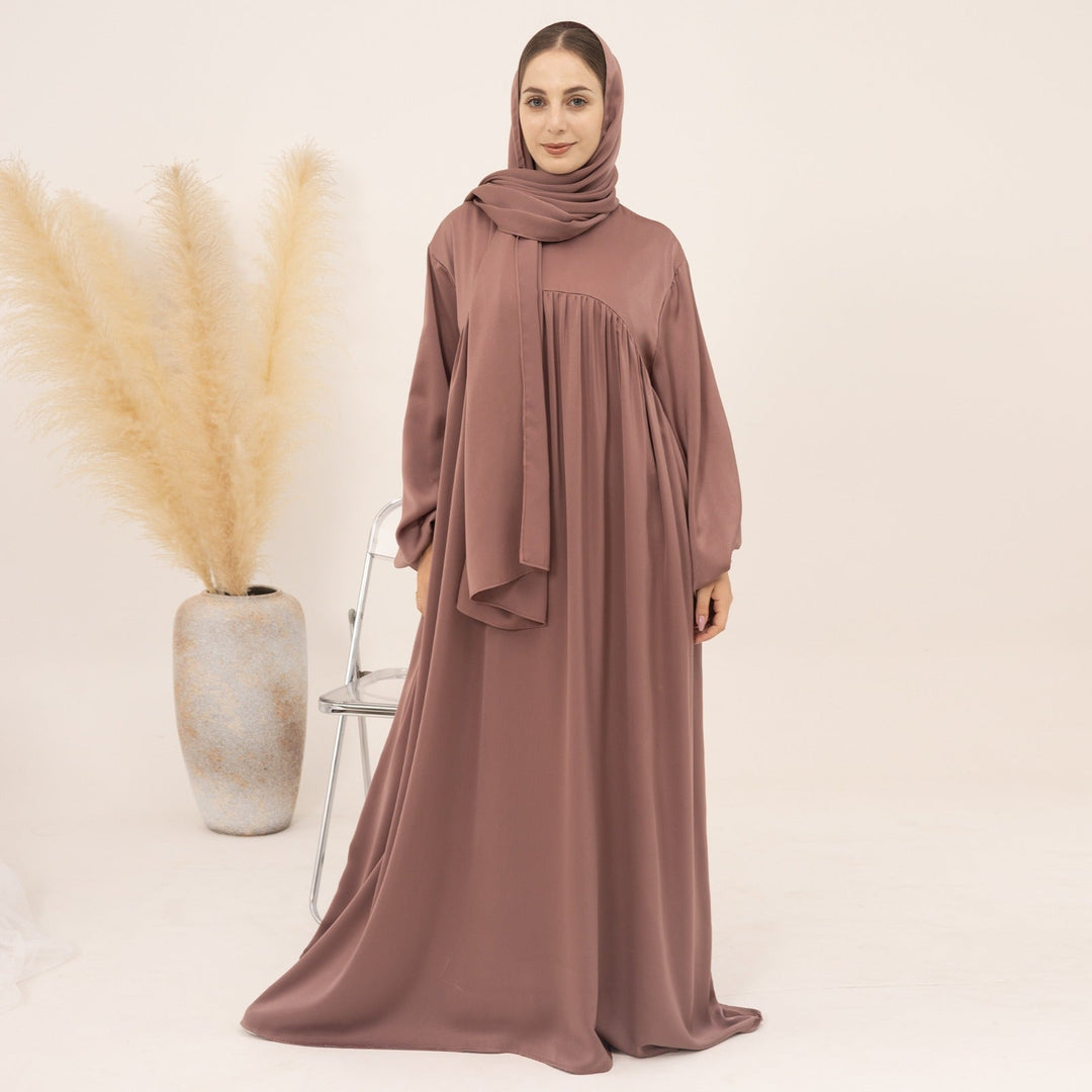 Get trendy with Amelia Satin Abaya Set - Mauve - Dresses available at Voilee NY. Grab yours for $64.99 today!