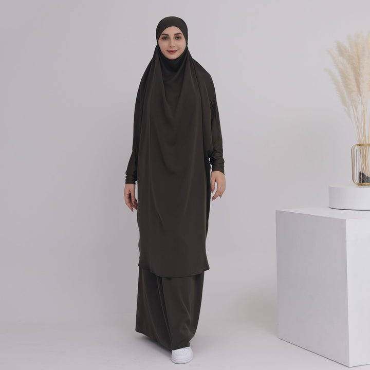 Get trendy with 2-piece Amira Jilbab - Olive - Skirts available at Voilee NY. Grab yours for $74.90 today!