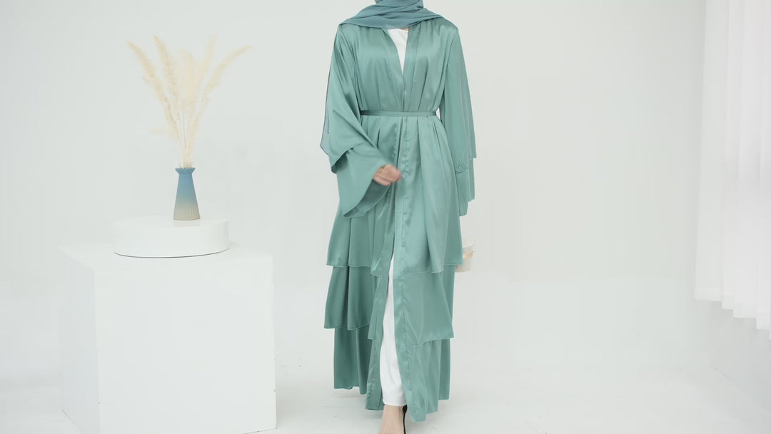 Miranda Layered Hem Satin Open Abaya - Dark Emerald