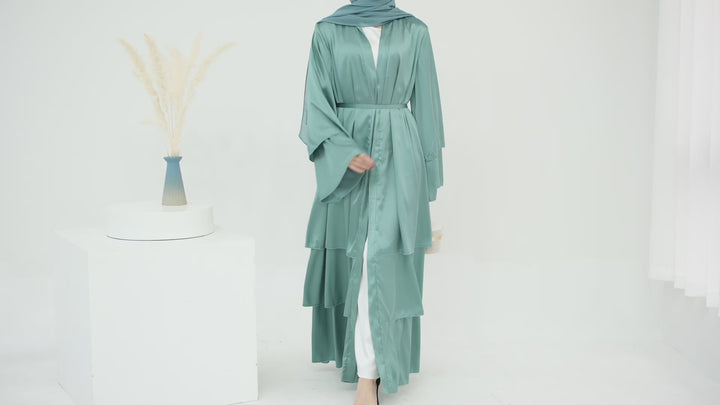 Miranda Layered Hem Satin Open Abaya - Mint