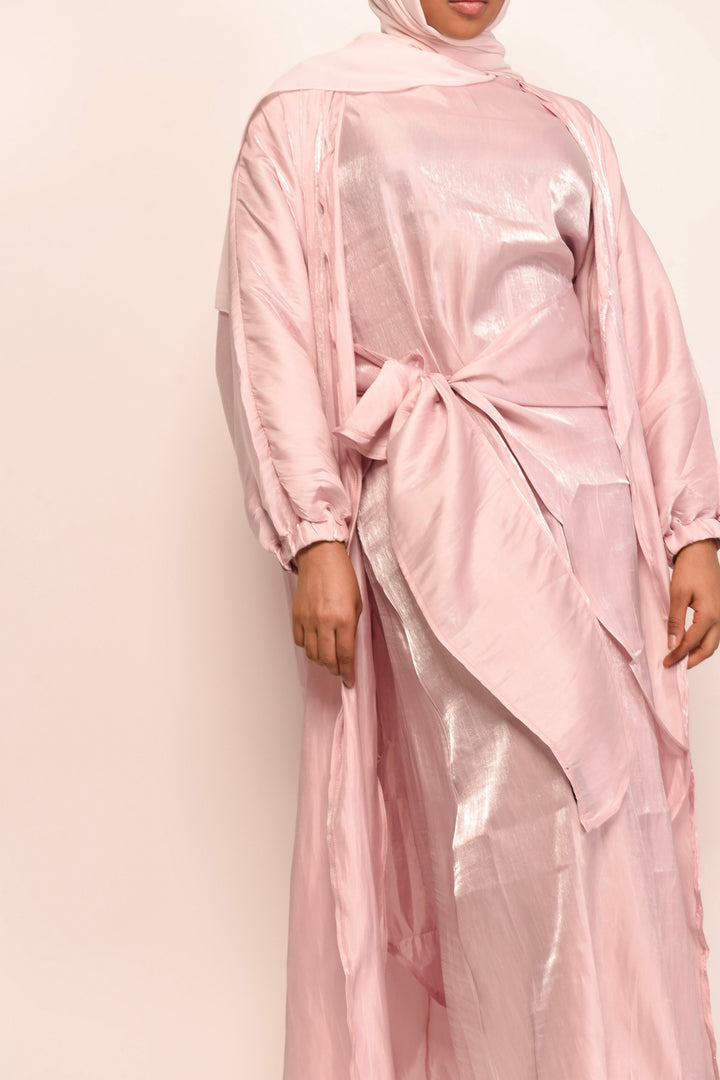 Get trendy with Shimmer 4-Piece Abaya Set - Pink -  available at Voilee NY. Grab yours for $44.90 today!