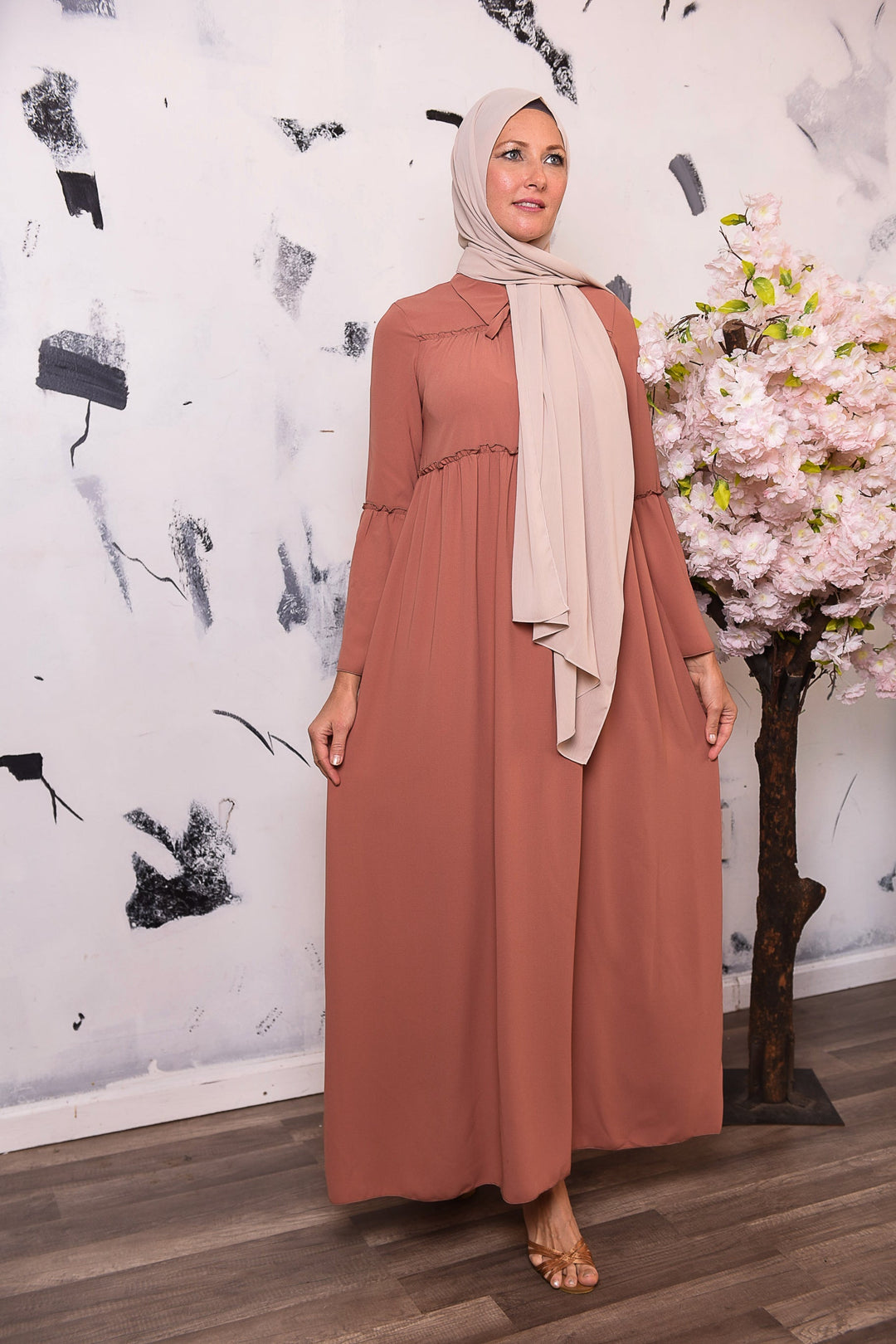 Get trendy with Alima Dress - Peach Brown -  available at Voilee NY. Grab yours for $12.99 today!