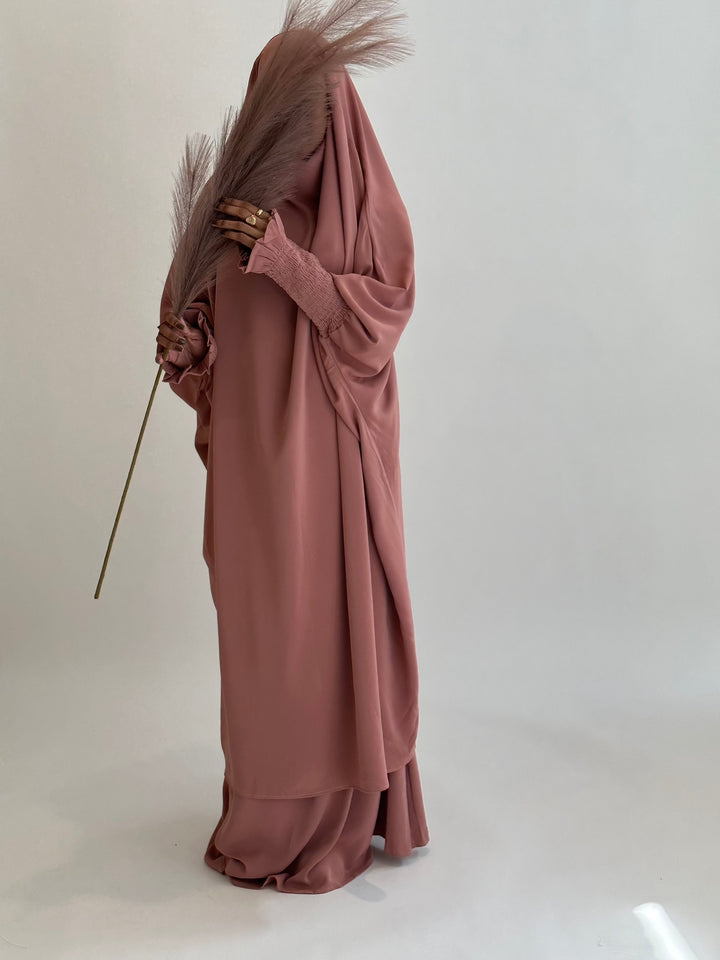 Get trendy with Medina 2-piece Jilbab - Pink Salmon -  available at Voilee NY. Grab yours for $34.90 today!