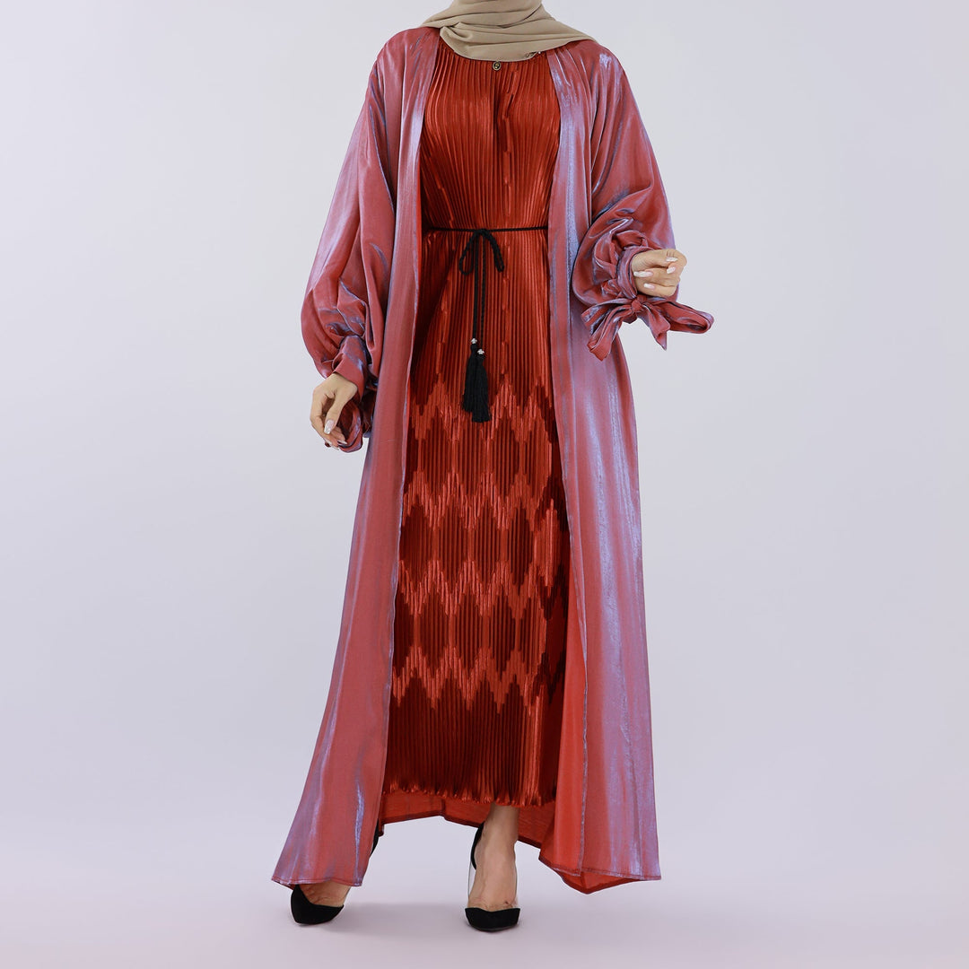 Get trendy with Deema 2-Piece Abaya Set - Scarlet - Dresses available at Voilee NY. Grab yours for $120 today!