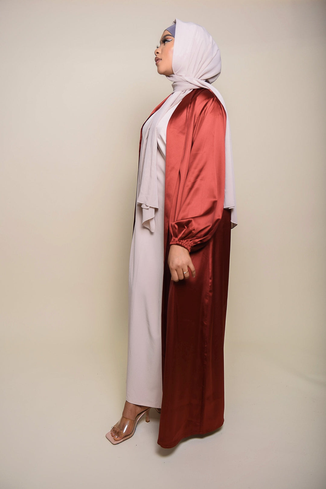 Get trendy with Julissa Satin Duster - Fire Brick - Dresses available at Voilee NY. Grab yours for $34.99 today!