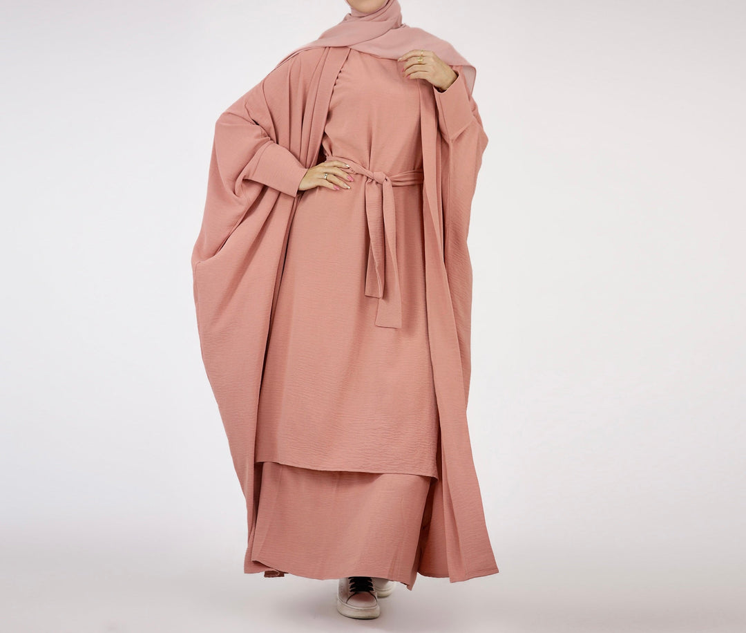 Get trendy with Cindi 3-Piece Abaya Set - Coral -  available at Voilee NY. Grab yours for $84.90 today!
