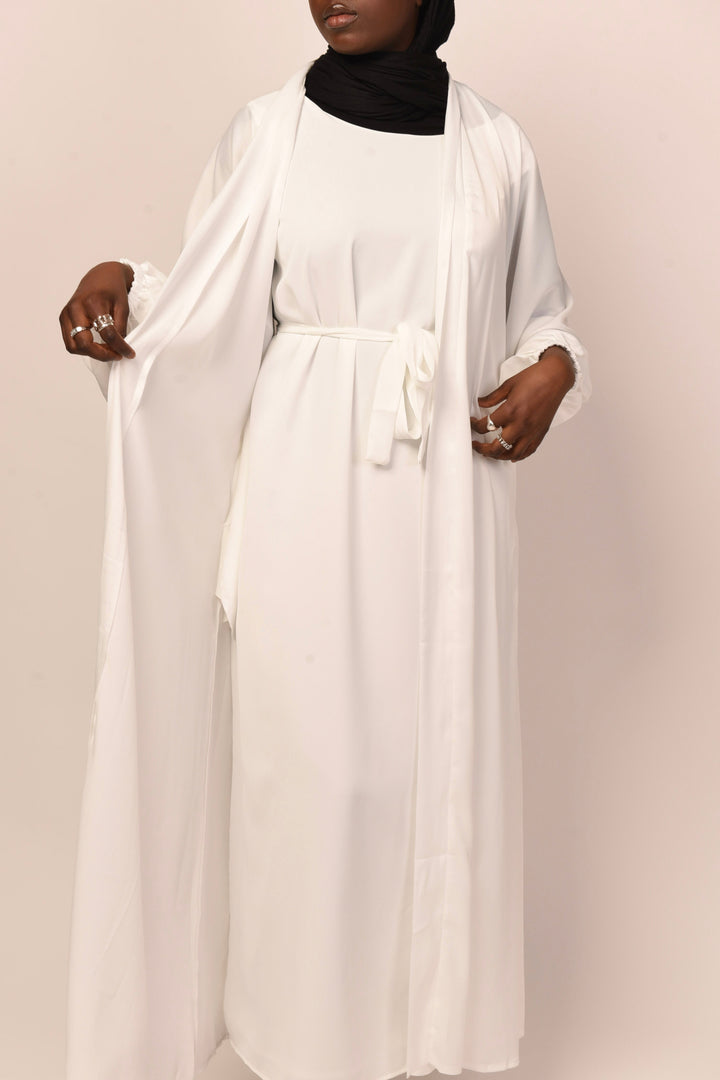 Get trendy with Minimalist Open Abaya - White -  available at Voilee NY. Grab yours for $35.90 today!