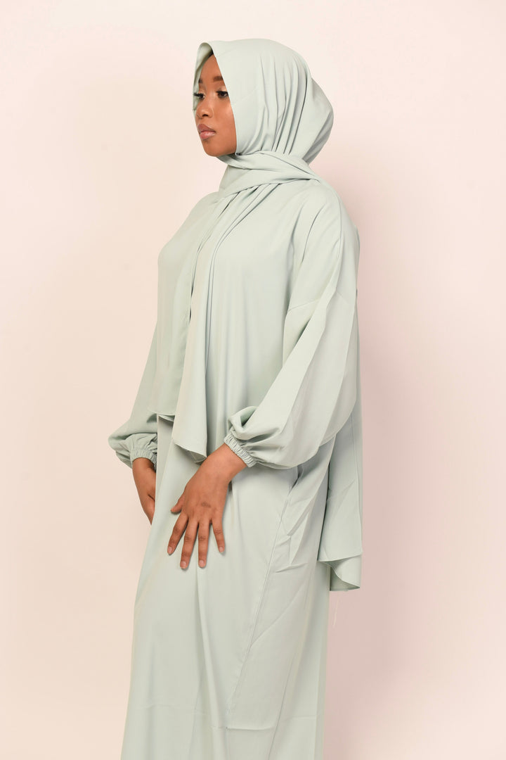 Get trendy with Salima Abaya With Hijab - Mint -  available at Voilee NY. Grab yours for $42.90 today!