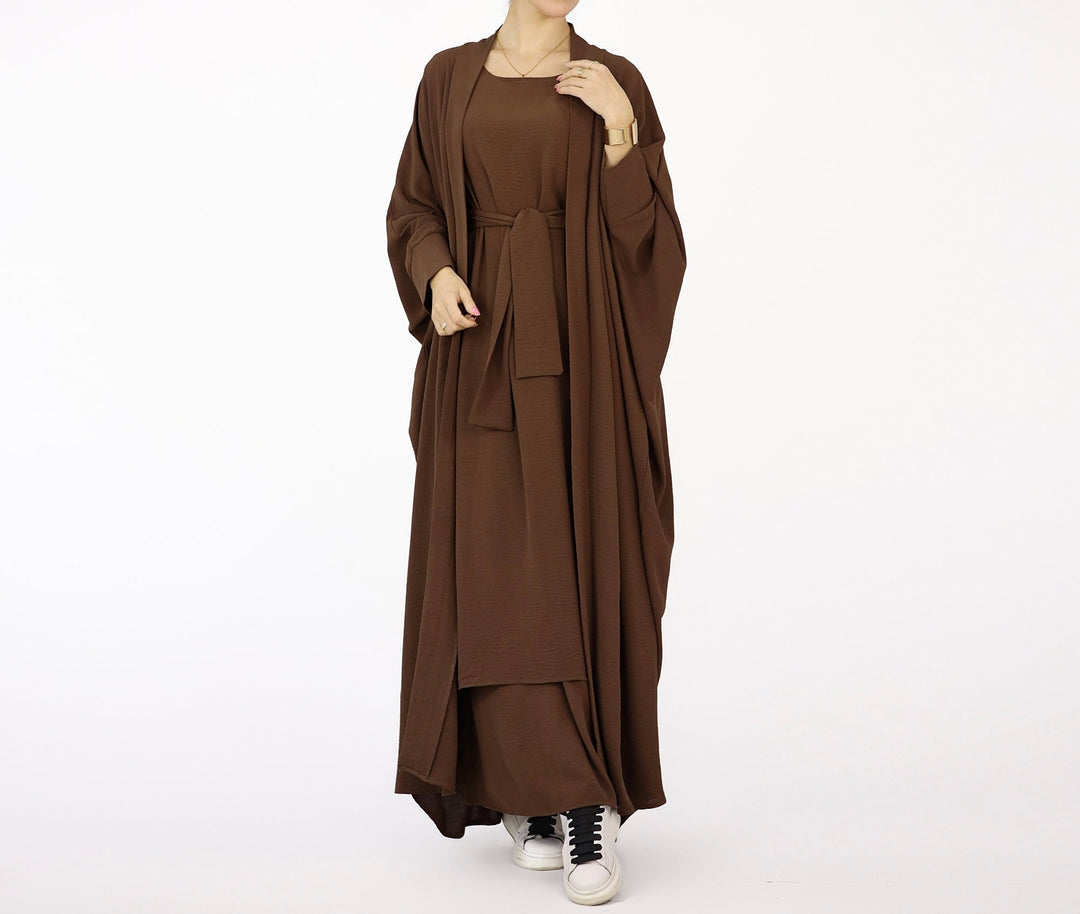 Get trendy with Cindi 3-Piece Abaya Set - Brown -  available at Voilee NY. Grab yours for $84.90 today!