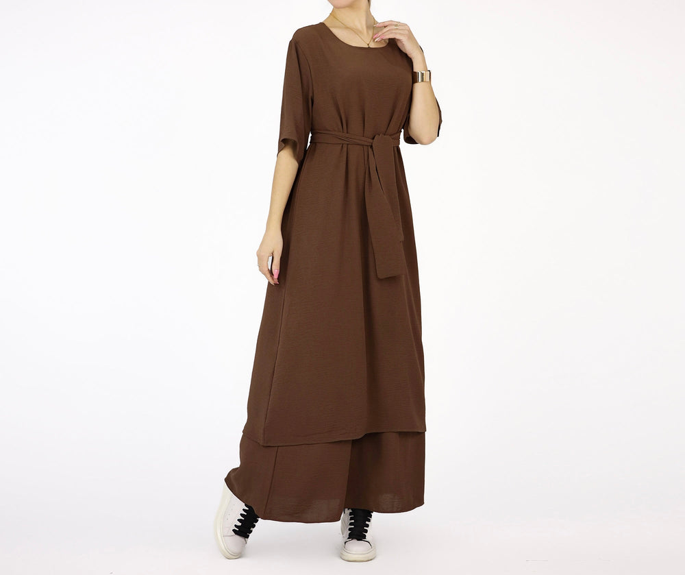 Get trendy with Cindi 3-Piece Abaya Set - Brown -  available at Voilee NY. Grab yours for $84.90 today!