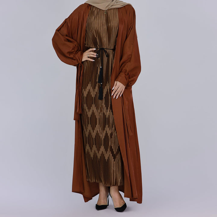 Get trendy with Deema 2-Piece Abaya Set - Brown - Dresses available at Voilee NY. Grab yours for $120 today!