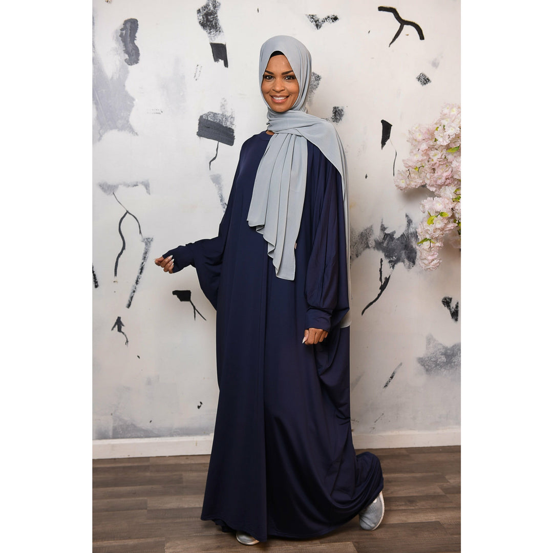 Get trendy with Jersey Butterfly Abaya - Navy -  available at Voilee NY. Grab yours for $39.99 today!