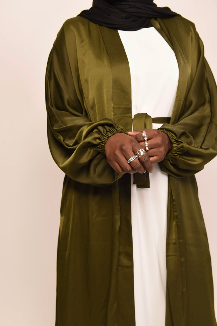 Get trendy with Minimalist Open Abaya - Olive -  available at Voilee NY. Grab yours for $35.90 today!