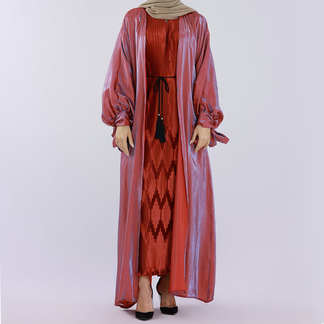 Get trendy with Deema 2-Piece Abaya Set - Scarlet - Dresses available at Voilee NY. Grab yours for $120 today!