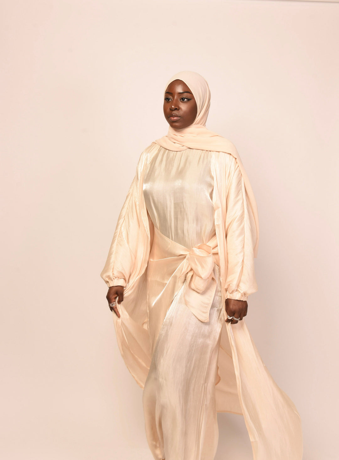 Get trendy with Shimmer 4-Piece Abaya Set - Buttercream -  available at Voilee NY. Grab yours for $44.90 today!