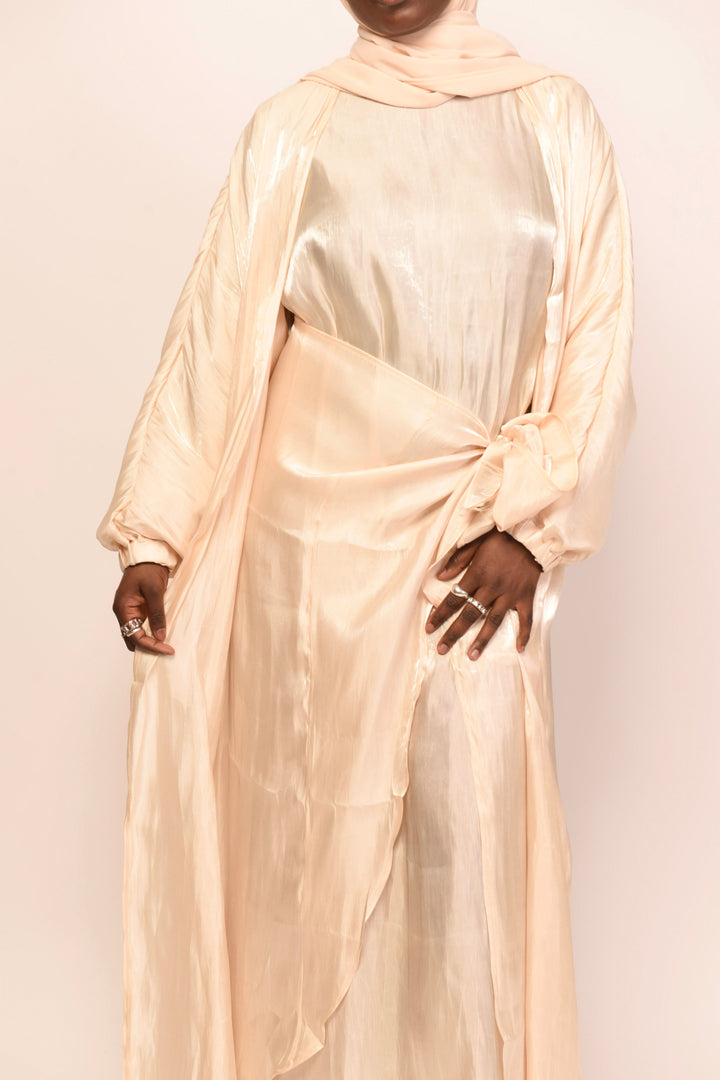 Get trendy with Shimmer 4-Piece Abaya Set - Buttercream -  available at Voilee NY. Grab yours for $44.90 today!