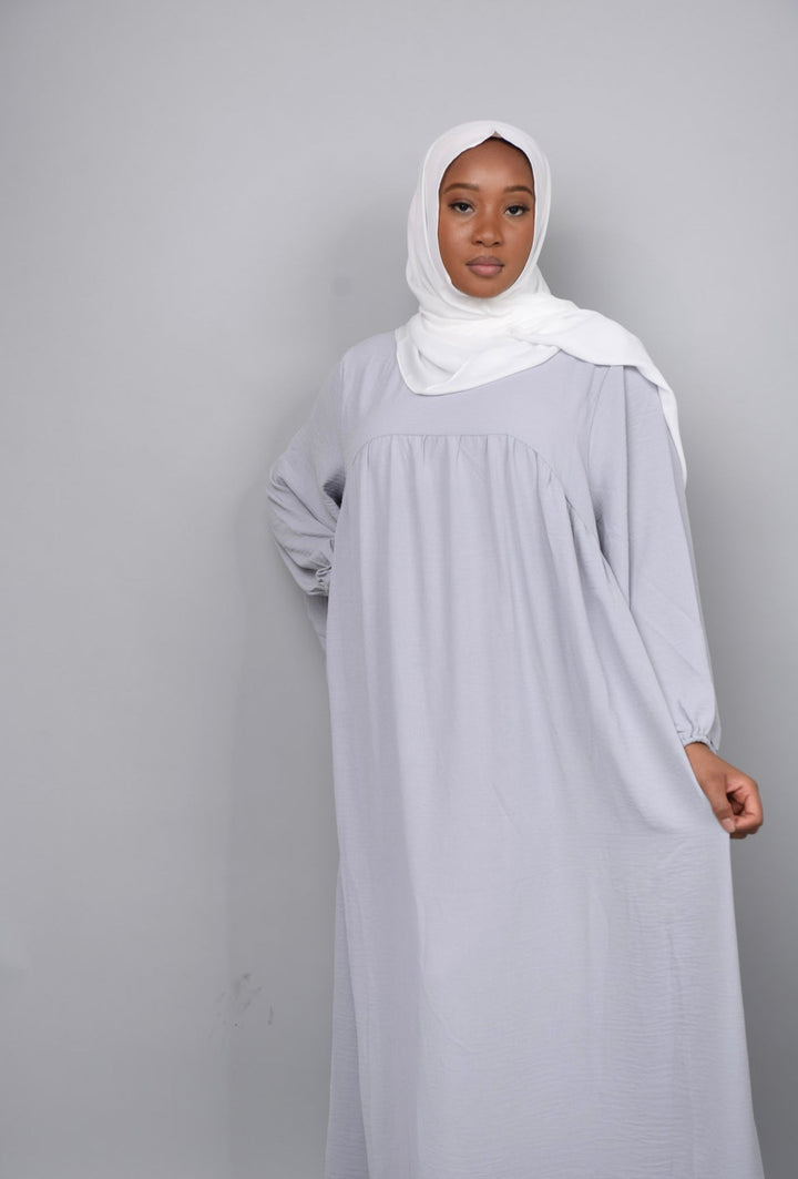 Get trendy with Amelia Textured Abaya - Light gray -  available at Voilee NY. Grab yours for $54.90 today!